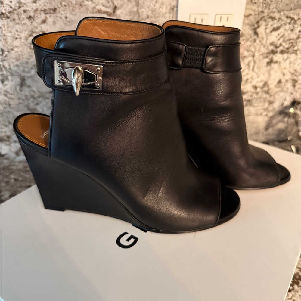 Givenchy Black Leather Wedge Peep-Toe Bootie